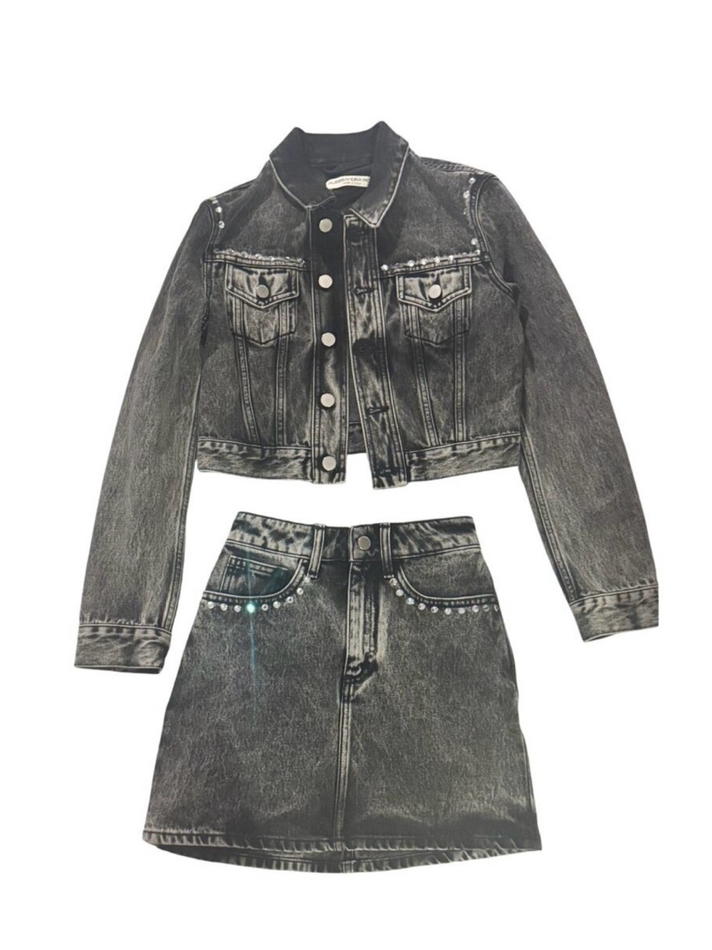 Alessandra Rich Black Washed Denim Skirt Set with Studs